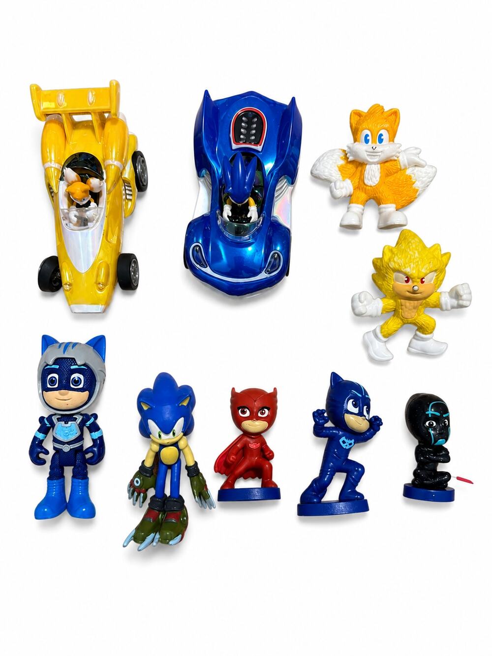 Sonic & PJ Masks Character Figures Toy Lot of 9 w/ 2 Cars Mixed Kids Toys